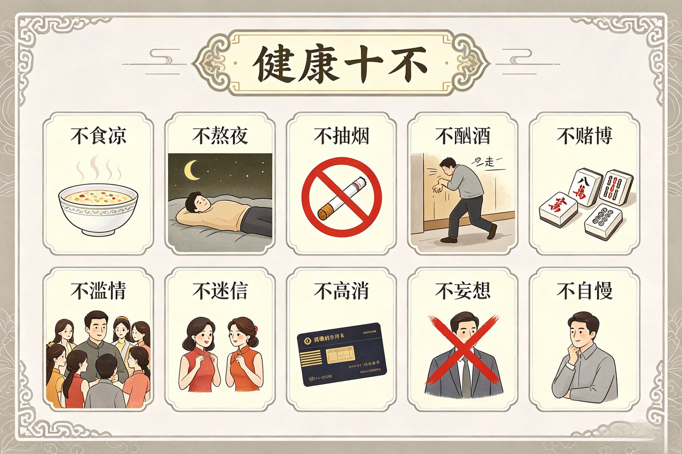 健康十不做：不食凉、不熬夜、不抽烟、不酗酒、不赌博、不滥情、不迷信、不高消、不妄想、不自慢